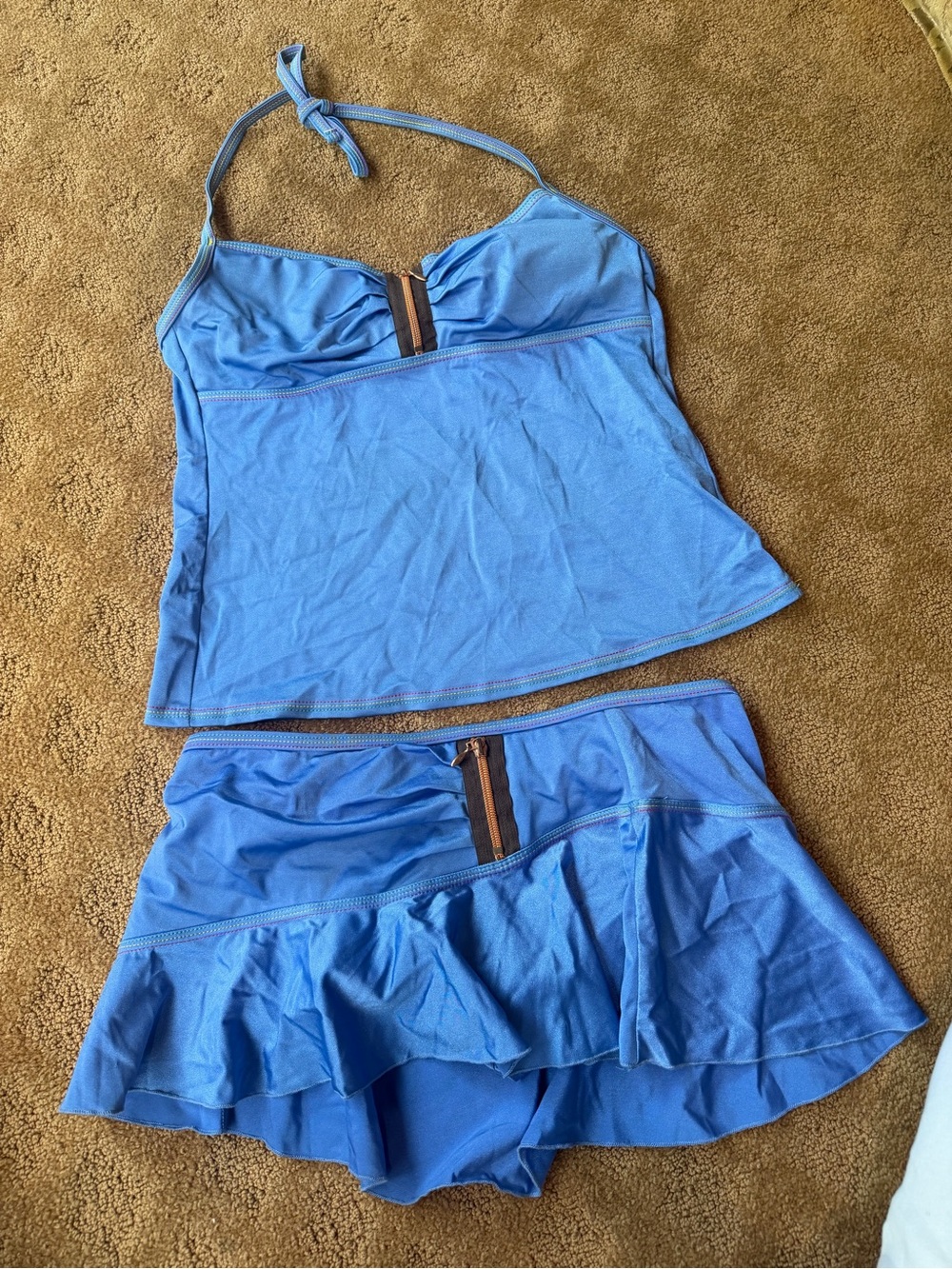 Kenneth Cole Blue Women's Tankini Skirt Swim Set w colored stitching
